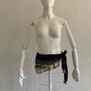 Navy Hip Scarf with Gold Coins belly dancing skirt.